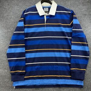 Lands End Mens XXL Blue Striped Long Sleeve Cotton Rugby Shirt 501919 Navy Gold